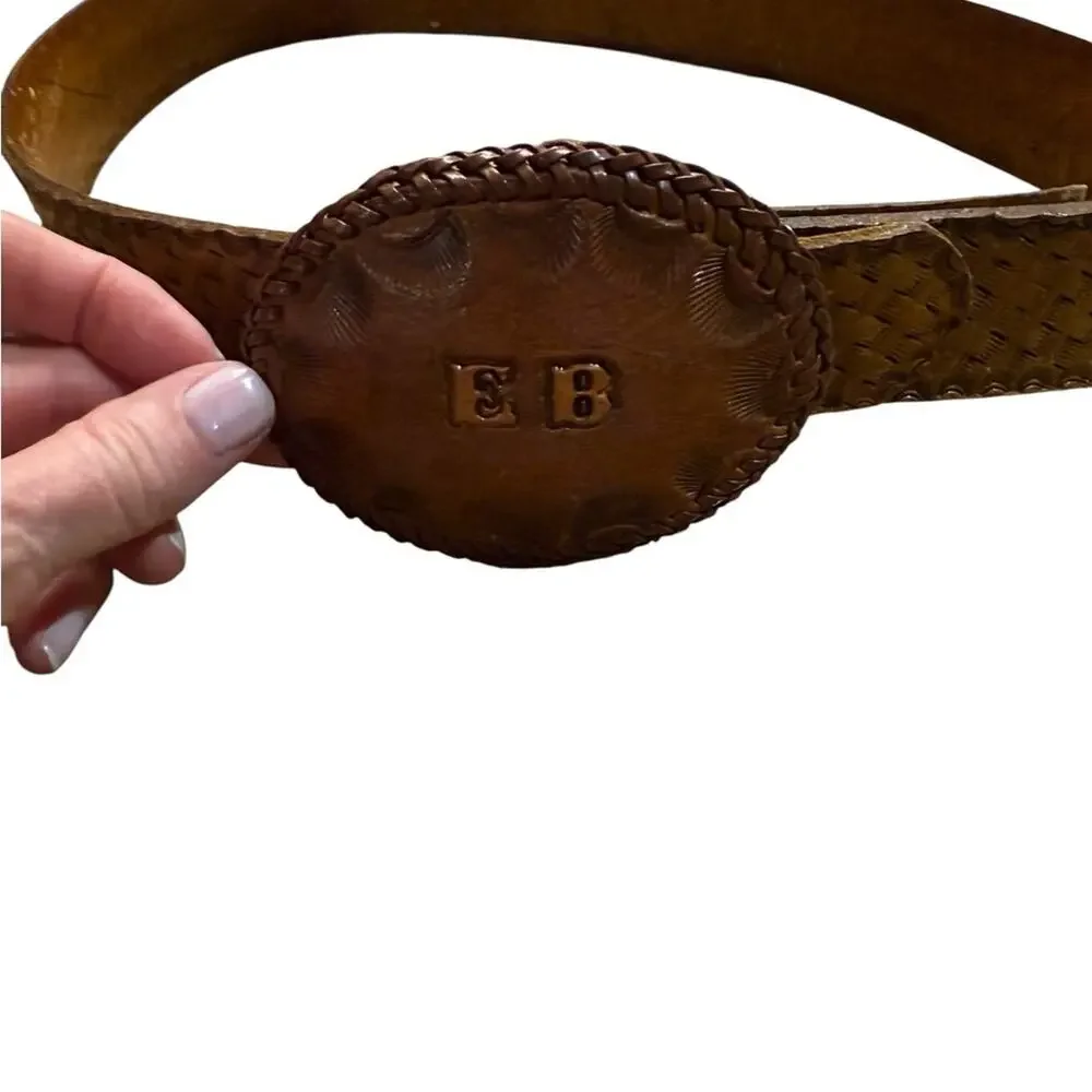 Vintage Brown Leather Basketweave Belt with Embossed Buckle Mens 29